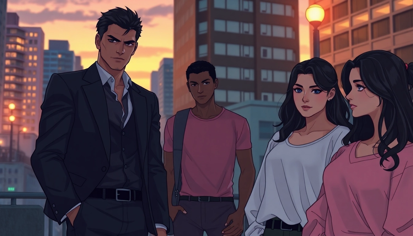 Illustration of diverse characters representing the Omegaverse hierarchy in an urban setting at dusk.