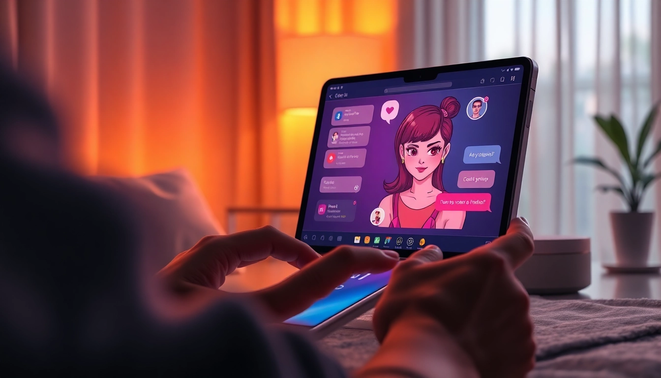 A user interacting with an AI character on a smartphone in a cozy, softly lit room.