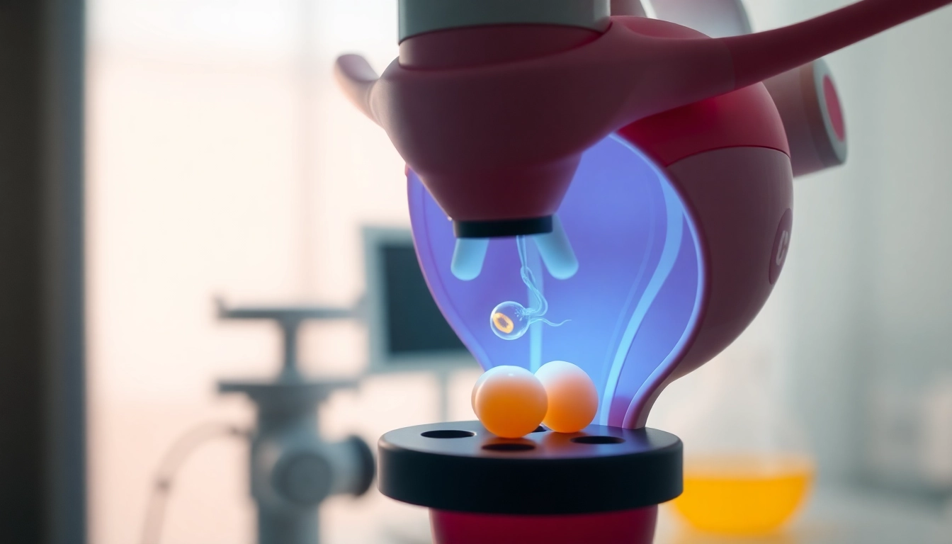 Fecondazione in vitro procedure showing eggs and sperm in a clinical laboratory setting,