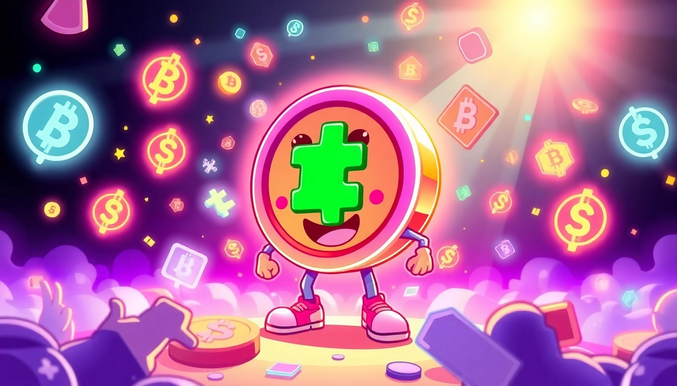 Illustration of a vibrant Crypto Meme Coin mascot celebrating with blockchain elements and