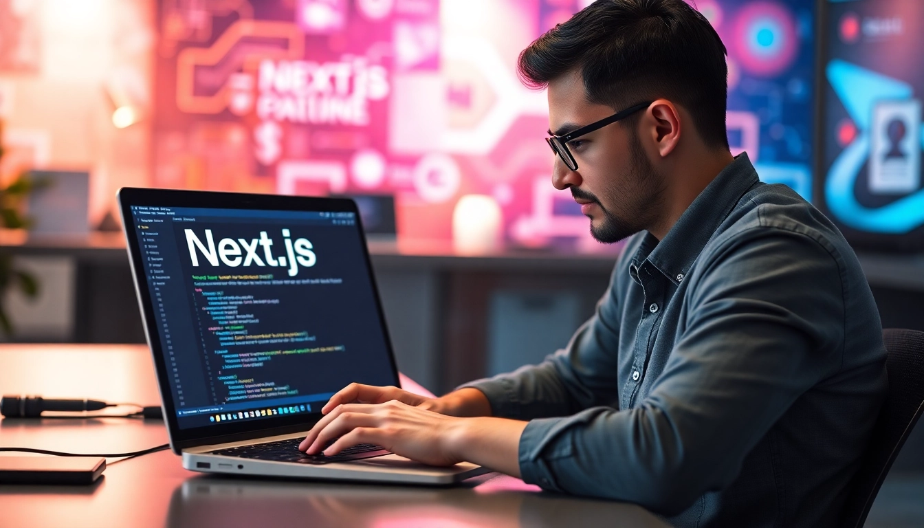 Professional freelancer coding with Next.js on a laptop in a sleek workspace to attract web