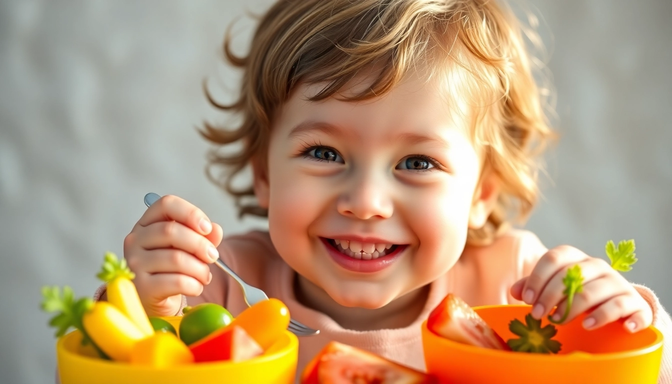 Child enjoying Alimenti sani per bambini with fresh fruits and vegetables in silicone dishes