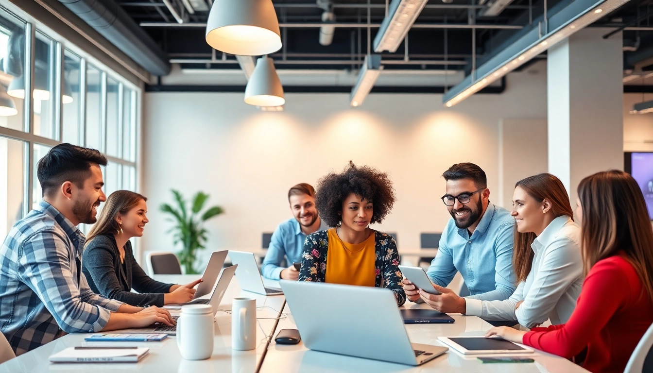 Business team utilizing social sourcing platforms to enhance networking and recruitment efficiency