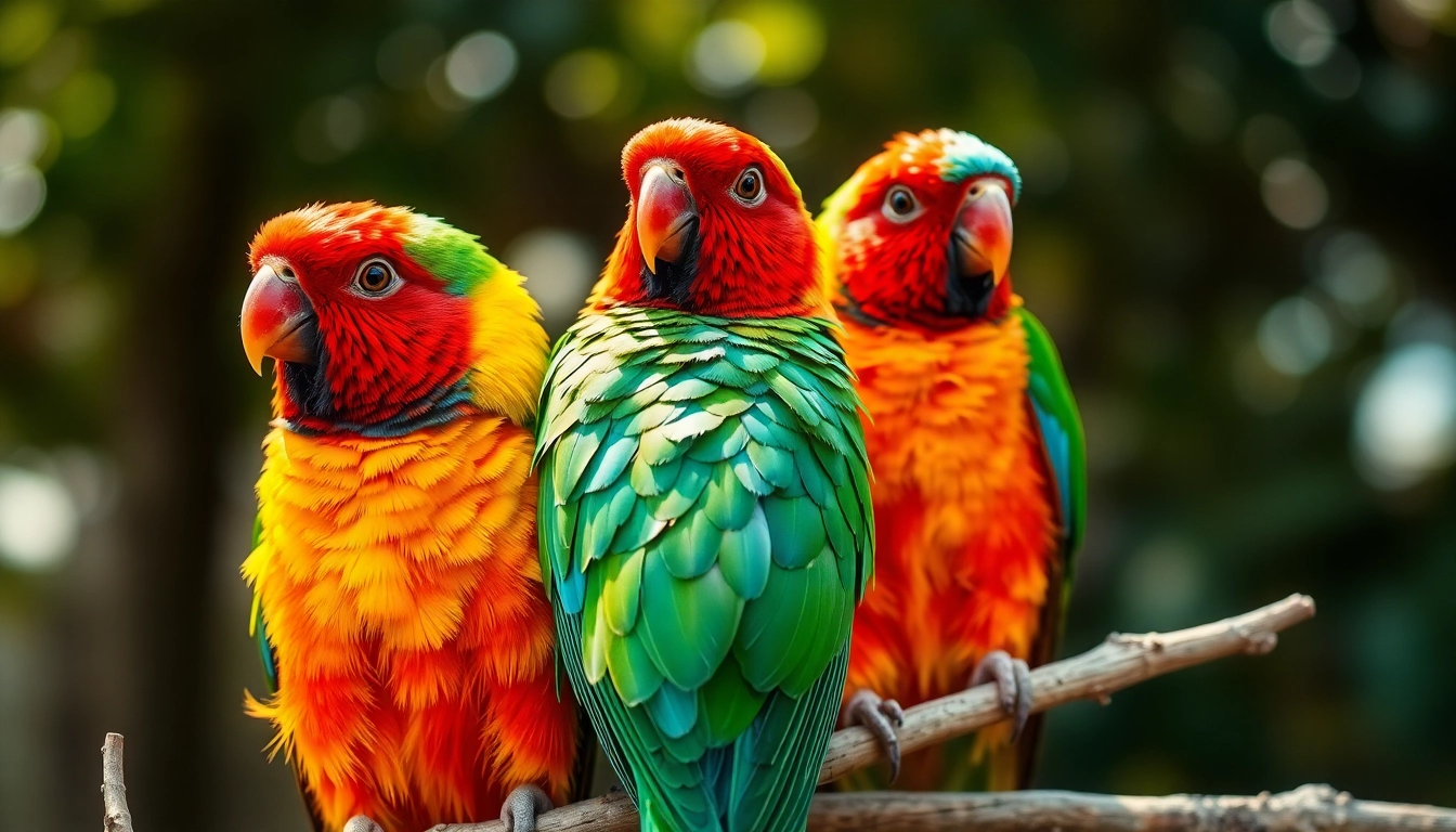 Bright and colorful pet birds perched on a branch, showcasing their unique feathers and lively