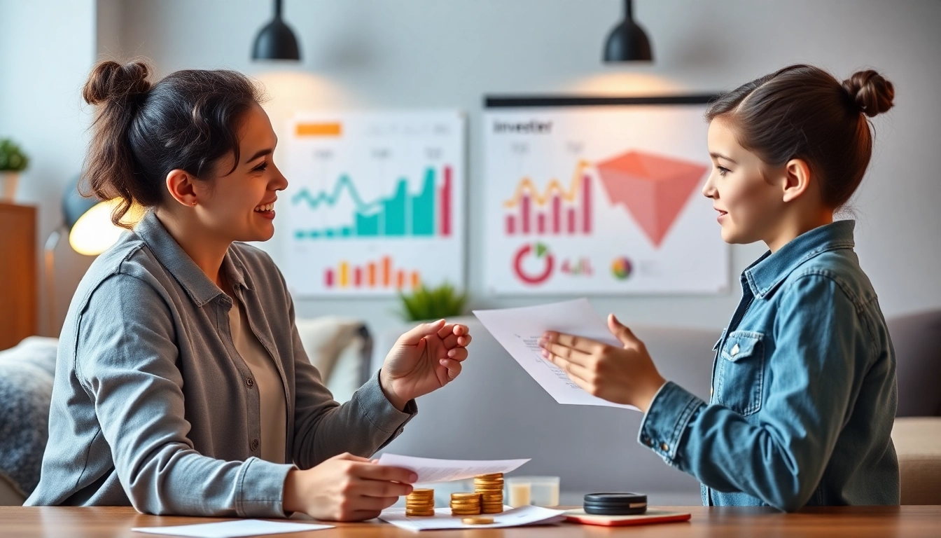 Guide To Investing For Children A parent teaches kids about investing using colorful charts and