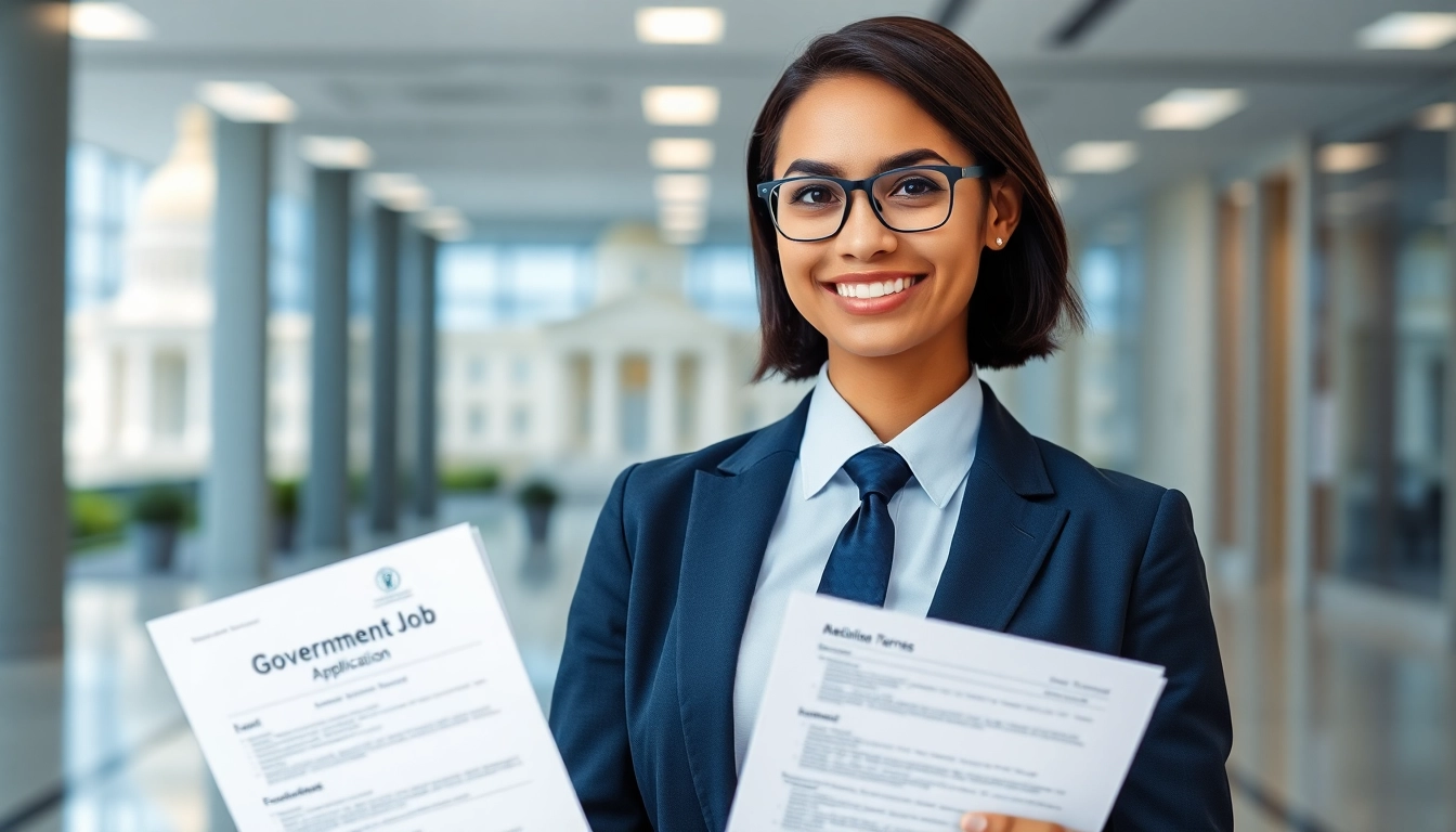 Government Jobs career aspirant reviewing application forms with government building in
