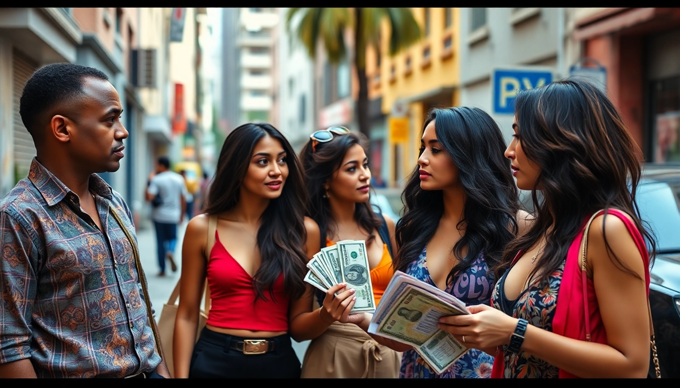 Authentic scene illustrating sex za rychle prachy between women and men in a lively urban