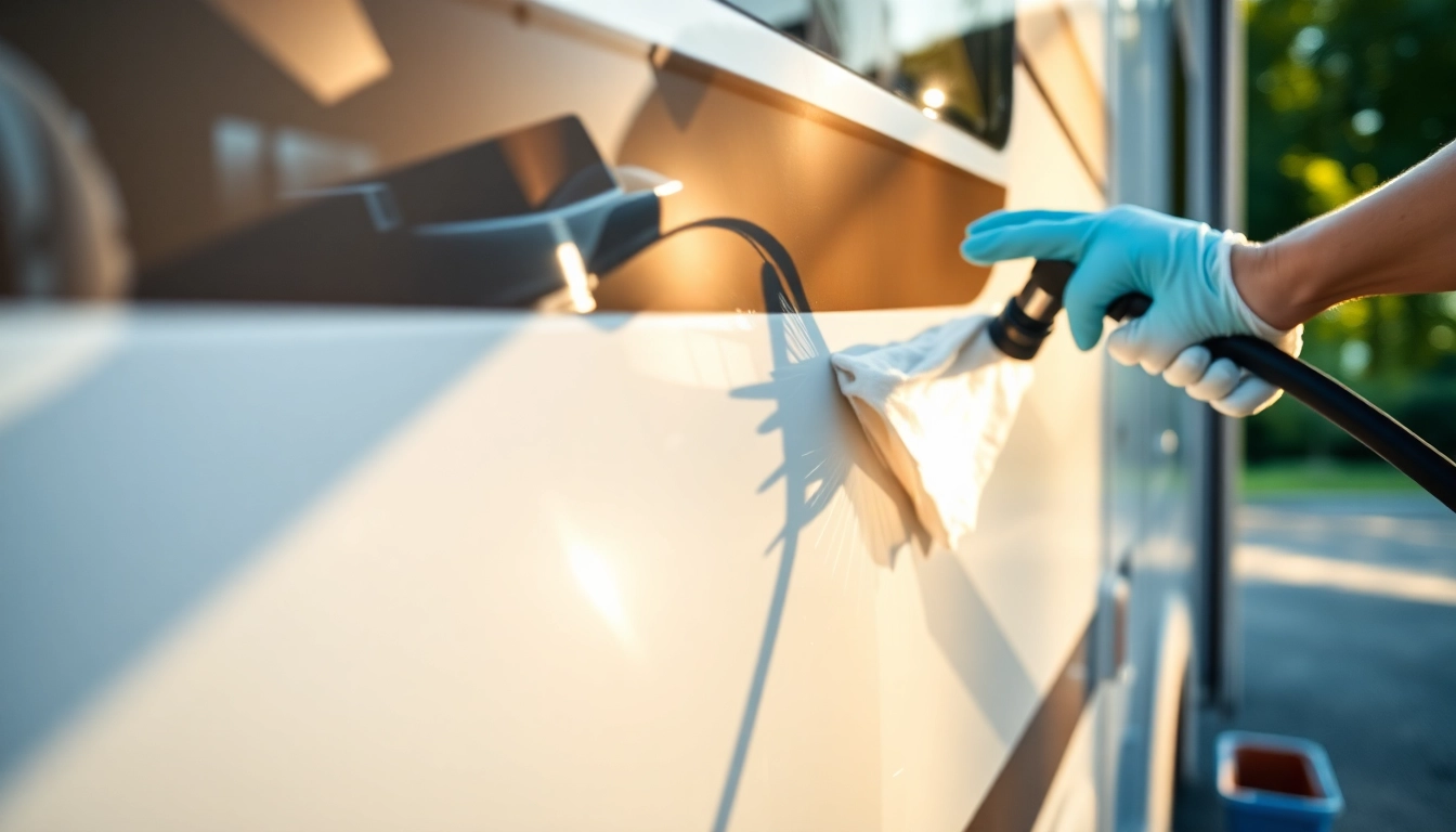 Effective Wohnmobilreiniger action cleaning a motorhome exterior with sparkling results and