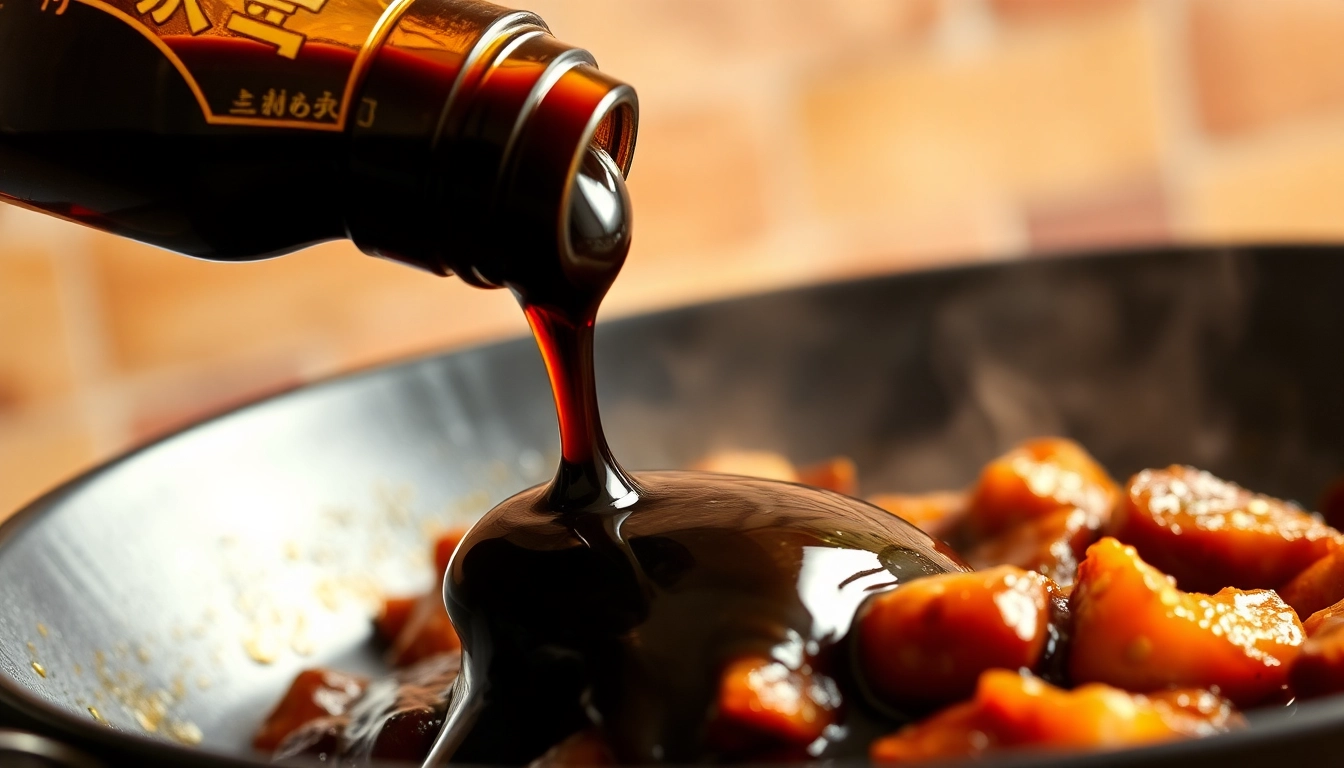 Dark Soy Sauce being poured into a wok during cooking process, showcasing its rich color and