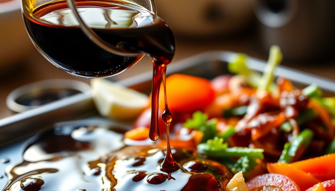 Dark Soy Sauce being poured over fresh ingredients in a traditional Asian kitchen setting for